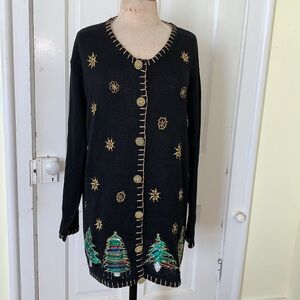Vintage Ugly Christmas Sweater Long Cardigan Beaded Snowflakes Christmas Tree 2X